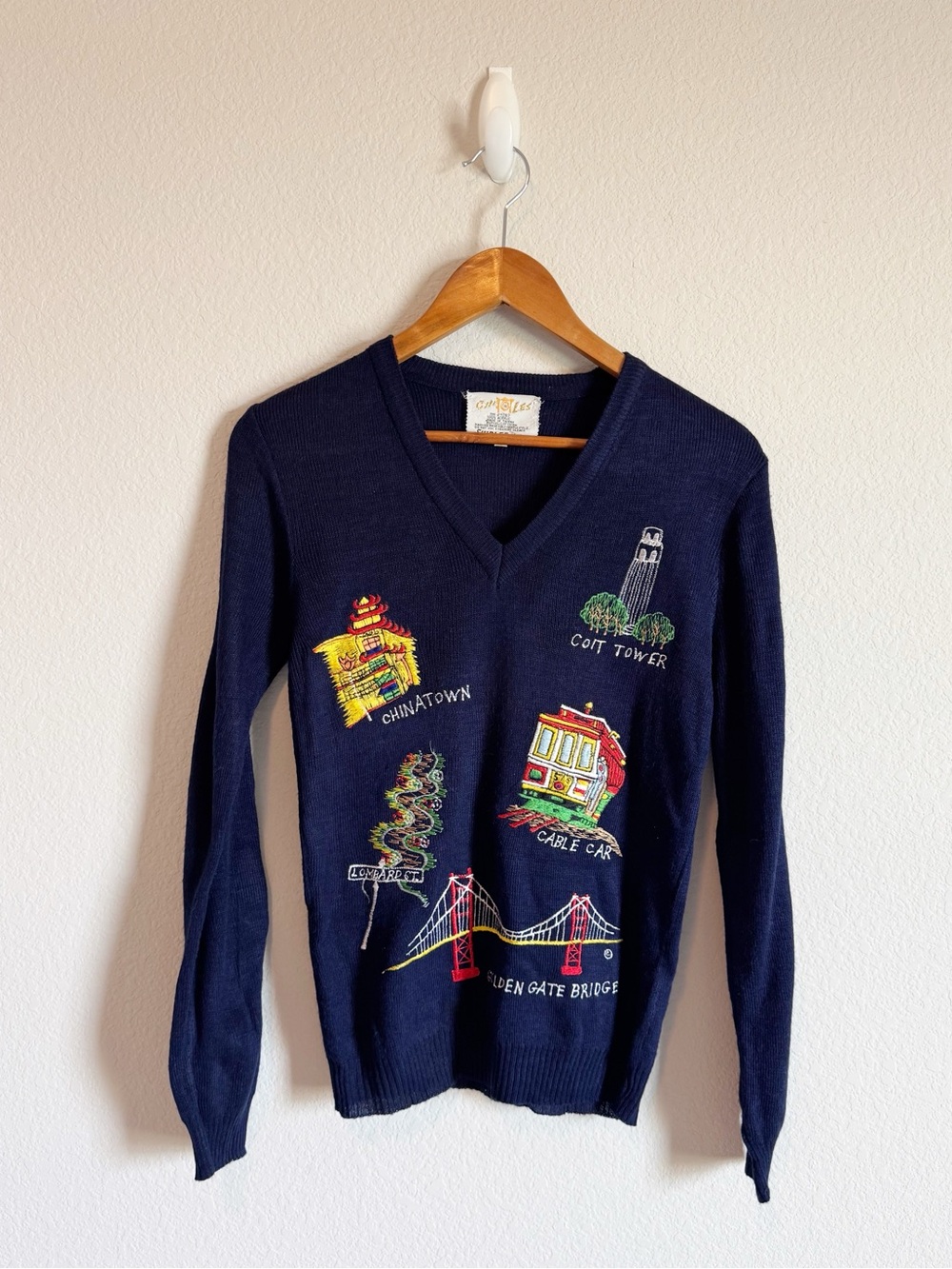 Vintage Cyn Les Shirlee Designs San Francisco Souvenir Embroidered Sweater Sz S
